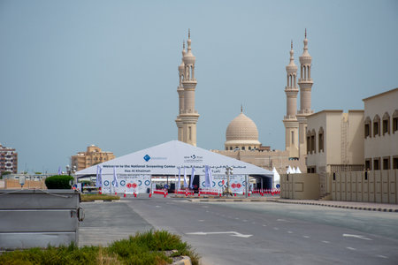 "Ras al Khaimah,RAK/United Arab Emirates - 4/11/2020: First RAK COVID-19 (Coronavirus) drive up screening testing center for medical pandemic near Corniche and Sheikh Zayed Mosque.のeditorial素材