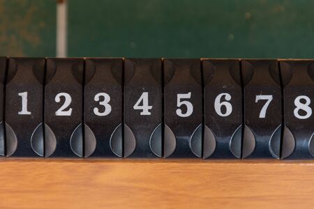 A black number slider on a table of the game of foosboll (fusbol) top view. Number sequence concept.の写真素材