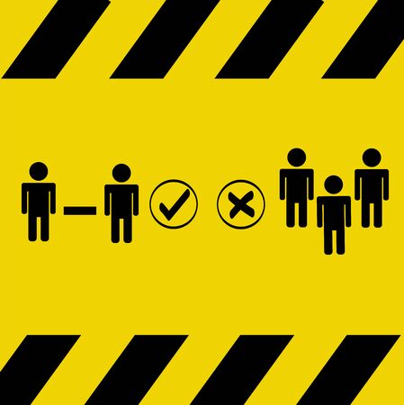 Social distancing concept comparison: Two people black on bright yellow warning color icon vector separating people for public health and safety during Coronavirus (COVID-19), global pandemic.のイラスト素材
