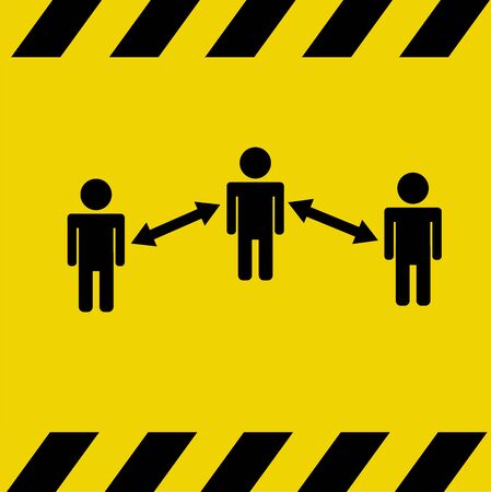 Social distancing concept: Three people black on bright yellow warning color icon vector with arrow & words separating people for public health & safety during Coronavirus (COVID-19), global pandemic.のイラスト素材