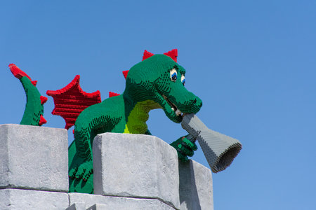 "Dubai, Dubai/United Arab Emirates - 03/07.2020: Legoland Dubai Amusement Park  Kingdom's Green Dragon statue. Luxury travel"のeditorial素材