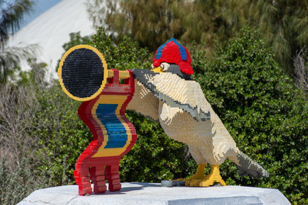 "Dubai, Dubai/United Arab Emirates - 03/07.2020: Legoland Dubai Amusement Park Kingdom's Bird statue blowing trumpet at Entrance. Luxury travel"のeditorial素材