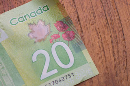 Currency of the Canada - One green twenty dollar notes spread out on a brown table background. Money...