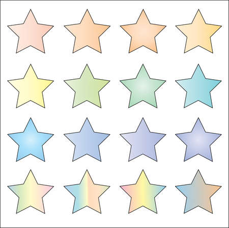 16 pastel vibrant solid colored star vector icon set on white background. Easter, holiday and, birthday concepts.のイラスト素材