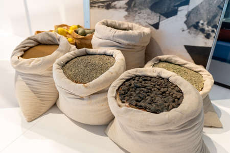 Sacs of spices and food for sale at a middle eastern marketplace.の写真素材