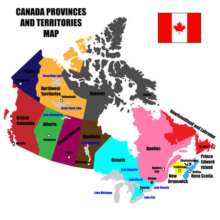 Full Canada Vector Map of Provinces, Territories and Capitals in bright colors.のイラスト素材
