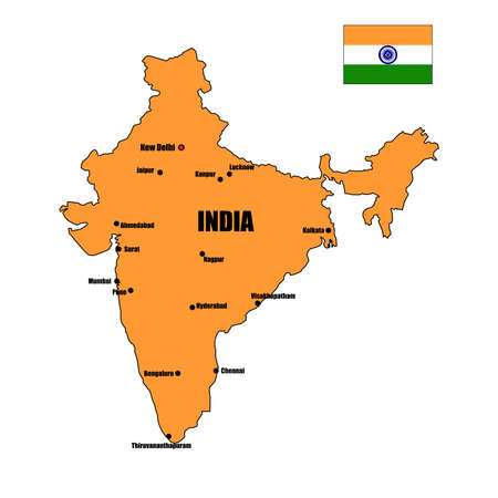 India country orange flag vector map on isolated white background for travel, Asia, and geography concepts.のイラスト素材