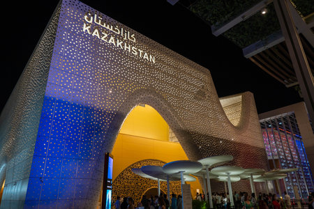 "11.14..2021 - Dubai, UAE - Kazakhstan Pavilion at night Expo 2020  Al Foshan District a global event on  future innovation"のeditorial素材