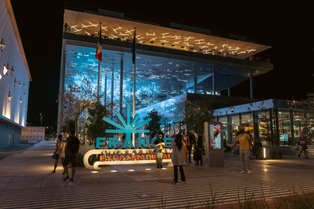 11.14.2021 - Dubai, UAE - France Pavilion at night in Expo 2020 Mobility District a global event on...
