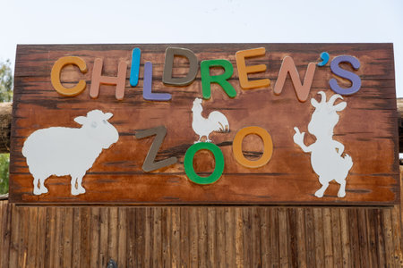"Al Ain, Abu Dhabi, United Arab Emirates - 3.28.2022: Al Ain Zoo Children's Zoo Entrance Sign in United Arab Emirates."のeditorial素材