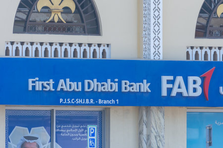 "Sharjah, UAE - 4.7.2022: "First Abu Dhabi (FAB) Bank blue logo close-up. "のeditorial素材