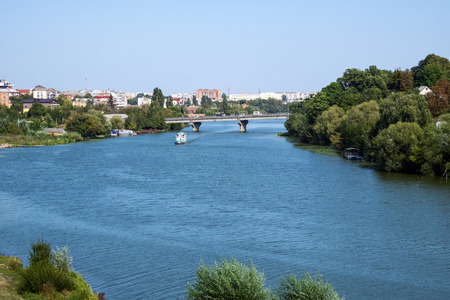 Southern Bug river in the city of Vinnitsa and view of the bridge connecting the old and new city...