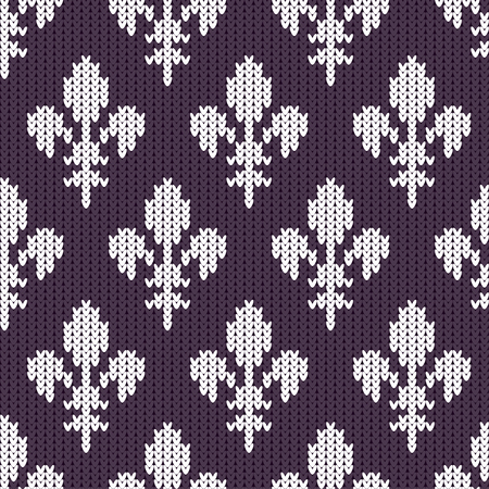 Fleur-de-lis on a seamless vector woolen pattern. Knitted woolen pattern with Heraldic lilies. White royal lilies on purpleのイラスト素材