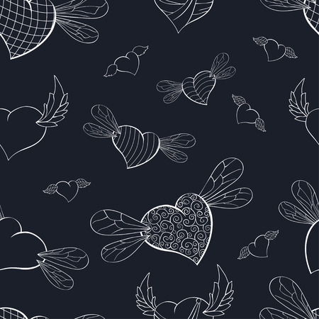 Contour winged valentines on a dark blue backgroundのイラスト素材
