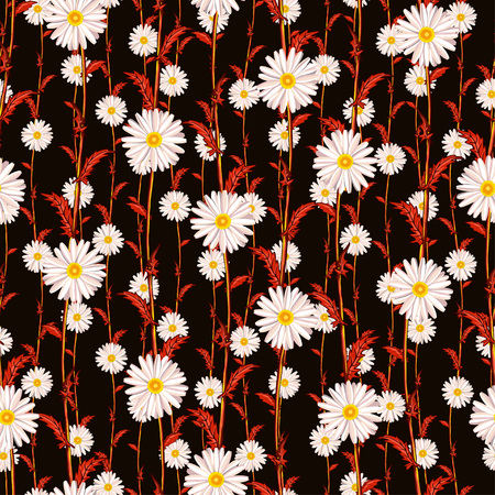 Seamless pattern from field chamomiles from the red forest. Night illustration.のイラスト素材