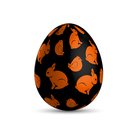 Black Easter egg with orange birds and Easter bunniesのイラスト素材