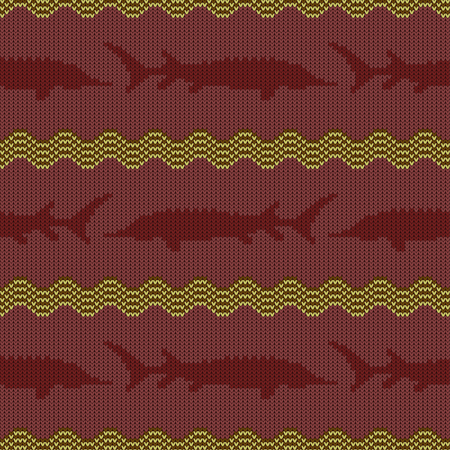 Knitted woolen seamless pattern with sturgeons in vintage burgundy tonesのイラスト素材