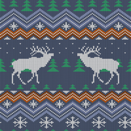 Winter knitted woolen seamless pattern with reindeer and Christmas treesのイラスト素材