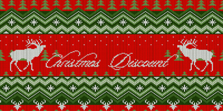 Christmas Discount. Scandinavian style seamless knitted pattern with deers on a red backgroundのイラスト素材