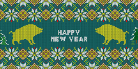 Christmas knitted pattern with yellow wild boars. Happy New Year - Year of the yellow Earth pigのイラスト素材