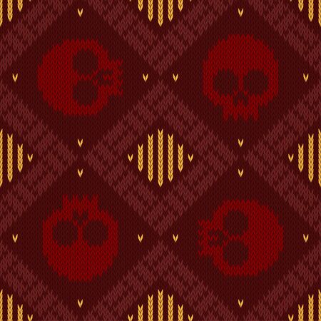 Knitted woolen seamless pattern with skulls in red shades to the day of the deadのイラスト素材