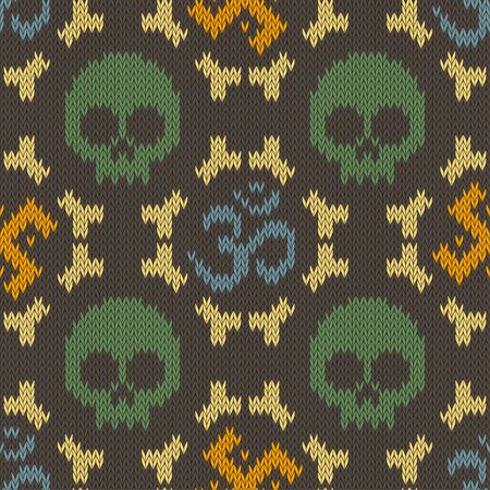 Seamless knitted pattern with sacred Hinduism symbols. Sacred syllable, symbol or mantra Om.  skull and bonesのイラスト素材