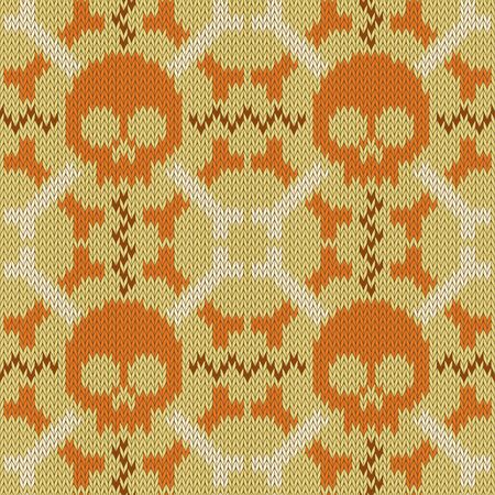 Skull and Bones. Knitted seamless woolen pattern in beige shadesのイラスト素材
