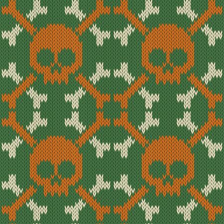 Skull and Bones. Knitted seamless woolen pattern in green shadesのイラスト素材