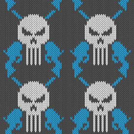 Skull and pistols. Seamless knitted woolen pattern with a skull and two revolversのイラスト素材