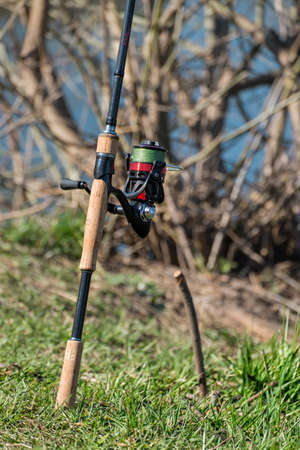 Spinning with cork handle and red reelの写真素材