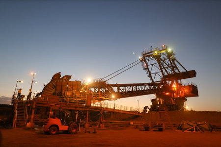 Beautiful landscape sunrise at reclaimer wheel bucket at early morning construction mine site...