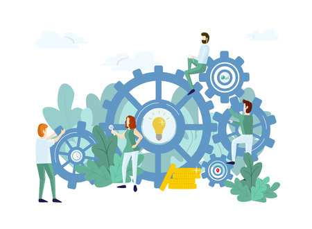 Work process with people and mechanism. Teamwork concept. Vector illustrationのイラスト素材