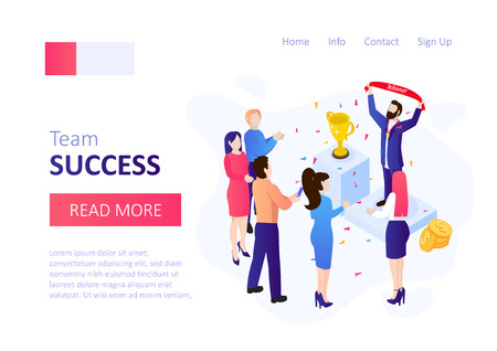 Winner banner. Success concept. Vector isometric template with success people with confetti and trophy cup.のイラスト素材