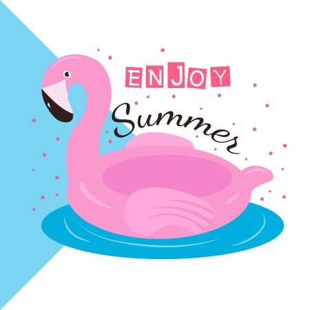 Summer lettering pop art set with holiday Elements. Bright summertime poster. Flamingo, watermelon, ice cream, pineapple, palm, tropic, sun. Typographic design. Vector illustration.のイラスト素材