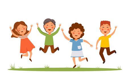Kids Playing Outside. Vector illustration. Happy kidsのイラスト素材