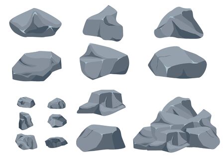 Rock stone big set cartoon. Stones and rocks in isometric 3d flat style. Set of different boulders. Cobblestones of various shapes. Vector Illustration eps 10.のイラスト素材