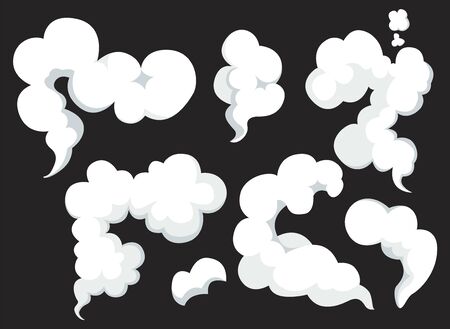 Vector smoke set special effects template. Cartoon steam clouds, puff, mist, fog, watery vapour or dust explosion 2D. Clipart element for game, print, advertising. Vector illustration eps 10.のイラスト素材