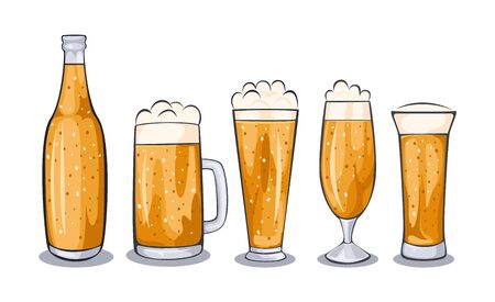 Craft beer calligraphy design and minimal flat vector illustration of different types of beers. Beer glass, mug, bottle Oktoberfest. Vector illustration eps 10.のイラスト素材