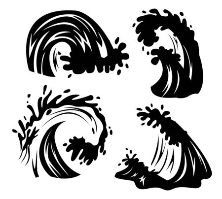 Sea waves. Vintage cartoon ocean tidal storm waves for surfing and seascapeのイラスト素材