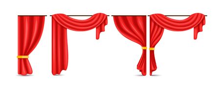 Set of red luxury silk velvet curtains and draperies open and closed, decorative cords and tassels isolated on background.のイラスト素材