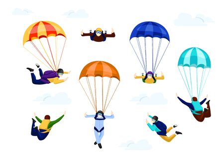 Flat vector set of professional skydivers. flying with parachutes set, extreme parachuting sport and skydiving concept vector Illustrations on a white backgroundのイラスト素材