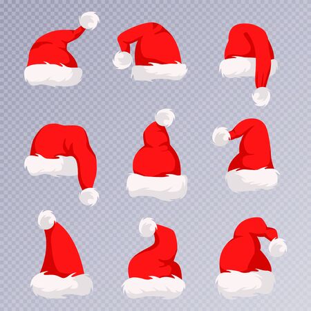 Christmas Santa Claus Hats With Fur Set. New Year Red Hat.のイラスト素材