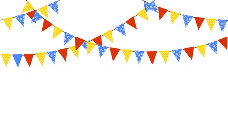 Carnival garland with flags. Decorative colorful party pennants for birthday celebration, festival and fair. Design elements for decoration of greetings cards, invitations.のイラスト素材