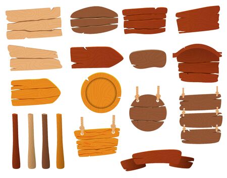 Set of vector wooden signs. Blank wooden boards with nails for banners or messages hanging on chains or ropes. Rustic cartoon signpost or billboard, notice and information themeのイラスト素材