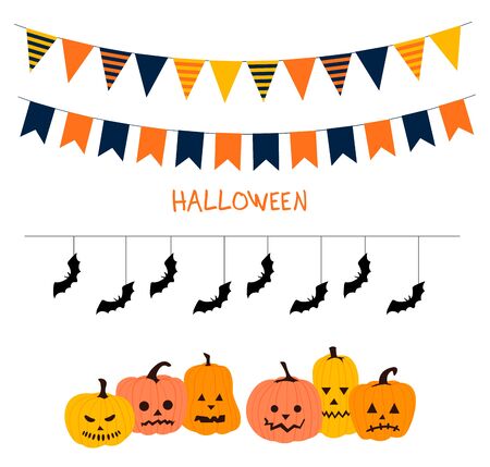 Halloween garland line. Garland of colored flags. Festive flags for decoration. Garlands of flags on a white background.Vector illustrationのイラスト素材