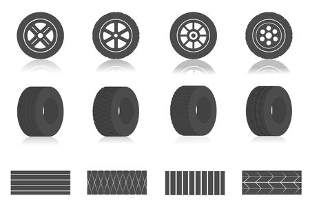 Car tires and track traces vector isolated icons of tire tread pattern.のイラスト素材