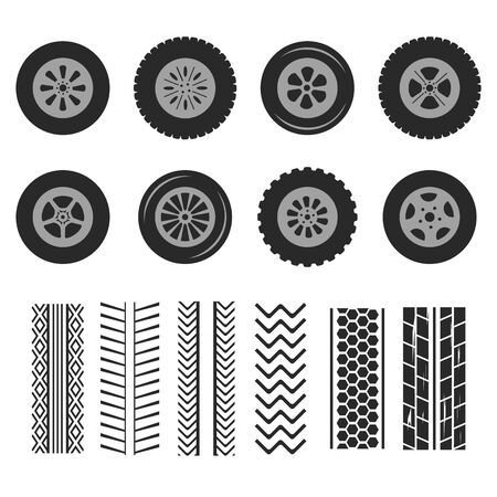 Car tires and track traces vector isolated icons of tire tread pattern.のイラスト素材
