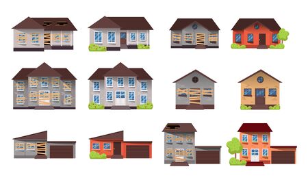 Home renovation. House before and after repair. New and old suburban cottage. Remodel building. Vector illustrationのイラスト素材
