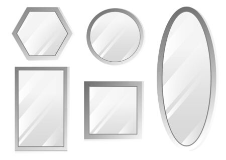 Vector realistic mirrors set with blurry reflection. Reflective mirror surface in silver frame, mirroring glass decor interior vector illustrationのイラスト素材