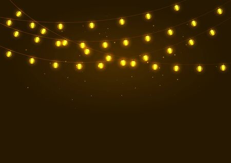 Christmas lights. Light bulb garland. Set of golden xmas glowing garland. Vector illustrationのイラスト素材
